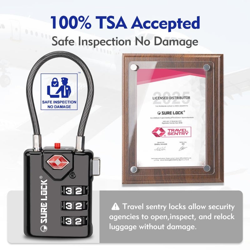 SURE LOCK TSA Compatible Travel Luggage Locks, Inspection Indicator, Easy Read Dials TSA Approved with Zinc Alloy (1, Black 8 Pack) - Image 2